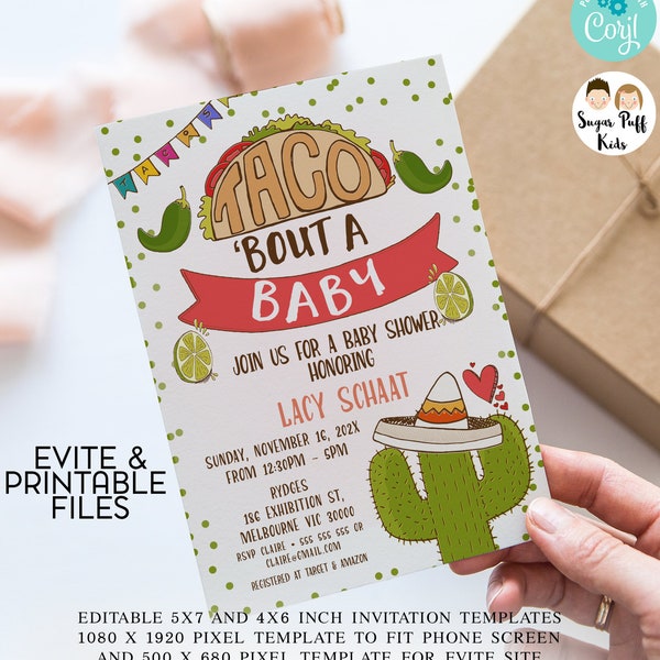 Editable taco bout a baby shower invitation, Printable Fiesta baby shower invite, Cactus baby shower evite,  Cactus baby shower text invite