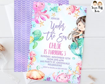 Editable Black Hair Mermaid Birthday Invitation, Printable Under the Sea Birthday Invitation, Instant Download Sea Creatures Invite, Mermaid