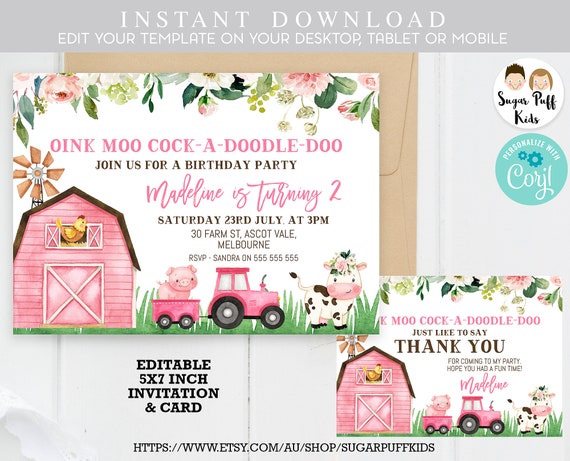 Pink Farm Birthday Invitation, Farm birthday invite, Editable Girls ...