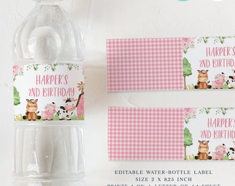 Editable pink farm water label, Instant download girls floral farmyard water bottle labels, Printable Farm Birthday Water Bottle Wrappers,