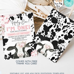 Convite de aniversário Boho Pink Floral Holy Cow para impressão, convite editável para impressão de vaca, download instantâneo convite de aniversário de vaca branca preta para meninas,