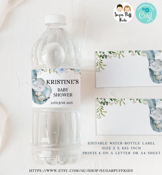 Editable elephant baby shower water bottle label, Instant download