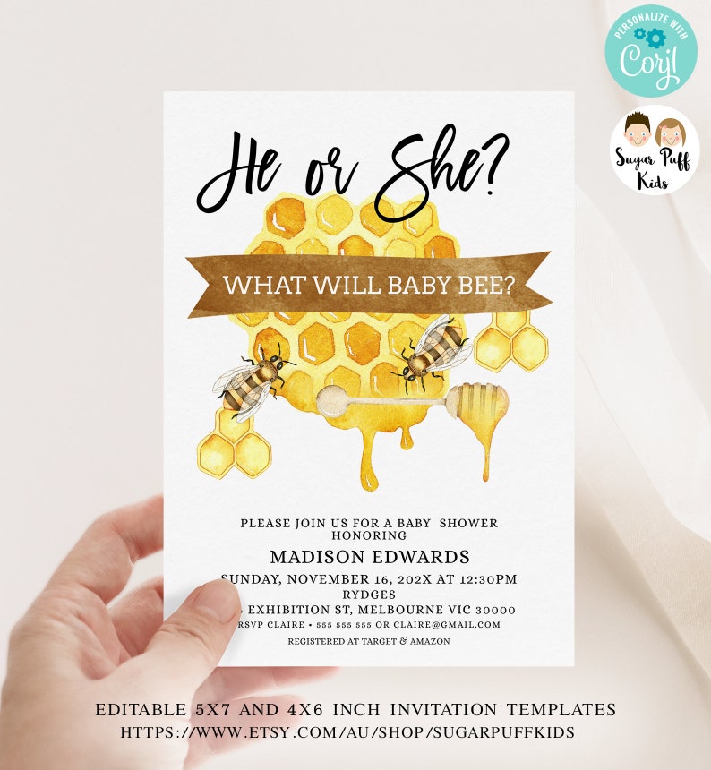 Editable Bee Themed Baby Shower Invitation Instant gender reveal bee invite Printable What will babny bee Printable Honeycomb