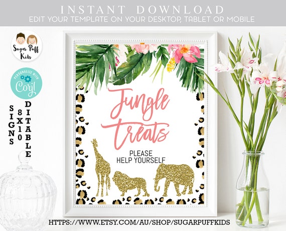 Safari Gold Animals Party Sign - INSTANT DOWNLOAD, Editable Safari Party Sign, Printable Floral Safari Sign, Jungle Birthday Party Sign, S1 Il_570xn
