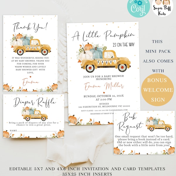 Editable Yellow Pumpkin Truck Baby Shower Invitation, Printable Fall Pumpkins Invite , Instant Pumpkin Book Request, Pumpkin Diaper Raffle