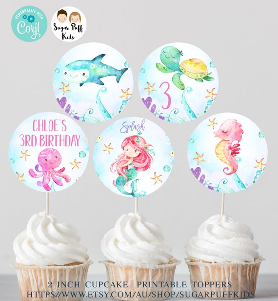 Printable Mermaid Under The Sea Cupcake Toppers, Editable Sea Creatures Birthday Cupcake Toppers, Instand download Mermaid Cupcake Toppers Il_570xn