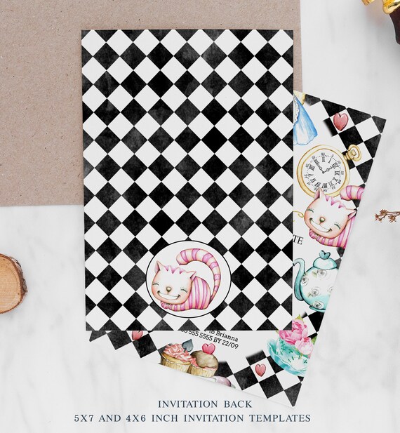 Printable Alice in Wonderland Invite, Editable Black Instant