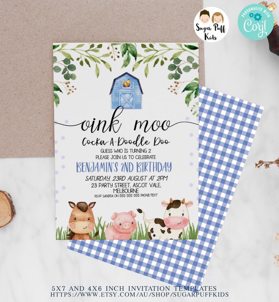 Printable Blue Farmyard Birthday Invitation, Editable Boys Barnyard invite, Instant Download Blue Farm Animals Invitations, Blue Plaid Farm Il_570xn