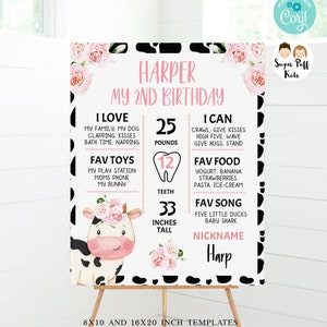 Editable Floral Cow Birthday Milestone Poster, Printable Cow Print Birthday Milestone Board, Instant Download Moo Cow Milestone Board,FMC002