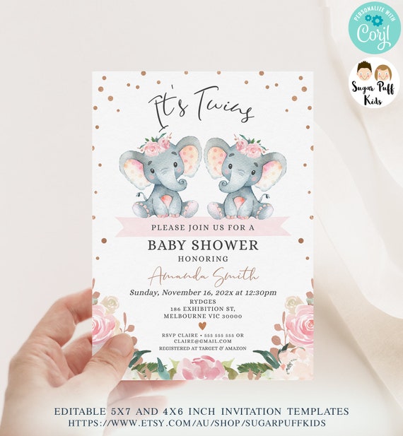 Editable Floral Elephant Twins Baby shower invitation, Printable Twin Elephant Invite, Instant
