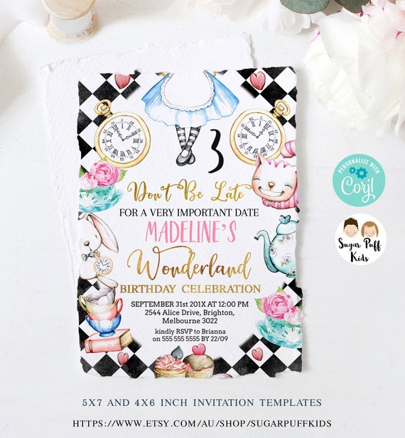 Printable Alice in Wonderland Invite, Editable Black Instant