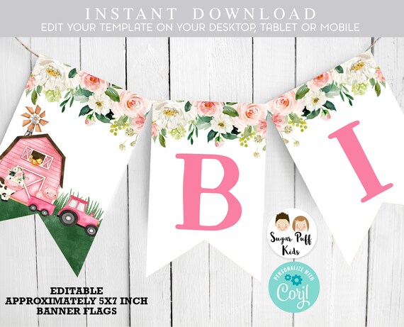Editable Girls Pink Farm Happy Birthday Banner, Corjl Template Instant Download, Happy Birthday Banner For Girl Pink Farm Barnyard Animal F2 Il_570xn