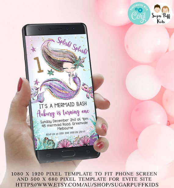 Editable Electronic Mermaid Birthday Invitation, Sea Creatures Purple