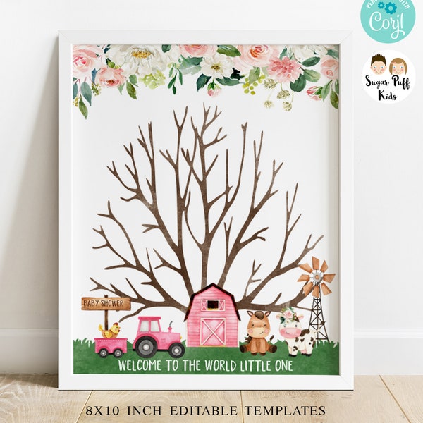 INSTANT DOWNLOAD Editable Pink Floral Farm Baby shower Fingerprint Guestbook alternative, Printable Farmyard Thumbprint guest book sign