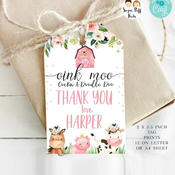 Editable Pink Floral Farm Birthday Tag, Printable Pink Barn Birthday Favor Tag,  Instant Download Blush Floral Farm Animals Tag, Farmyard