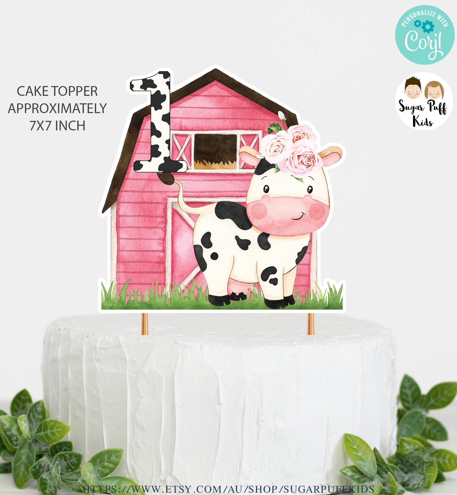 Instant Download Pink Barn Cow First Birthday Cake Topper, Printable Cow  1st Birthday Cake Topper, Black White Cow Caker Topper 7 inch