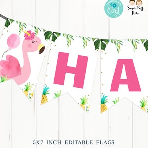 Printable Pink Flamingo Happy Birthday Banner, Editable Flamingle Birthday Bunting, Instant Download Flamingo Foliage Fruit Party Decor