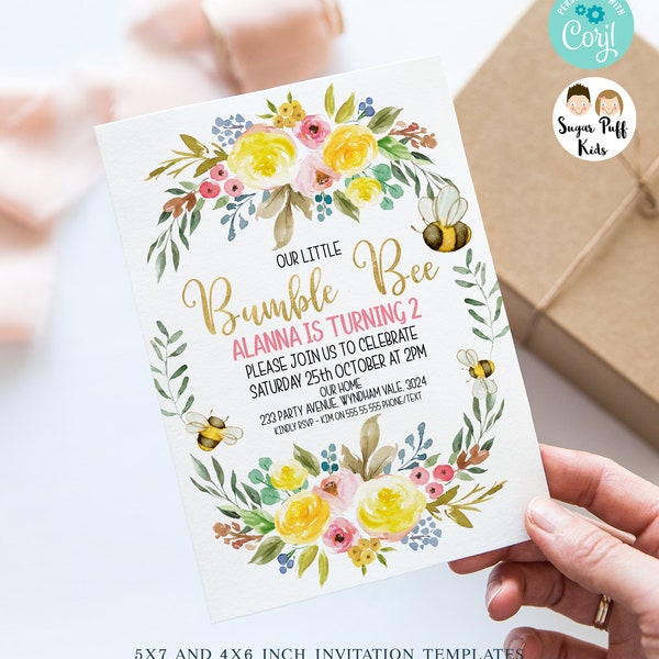 Bearbeitbare Bumble Bee Floral Geburtstag einladen, druckbare Biene Geburtstag einladen, Sofortiger Download Blumenkranz Bee Einladungen, Gold Kalligraphie