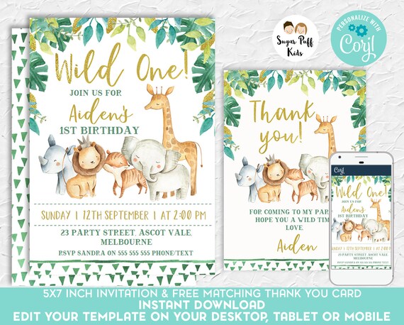 Safari animals birthday invitation, Safari wild one birthday invitation, Jungle animals birthday invitation,Boys 1st Birthday Invitation, Il_570xn