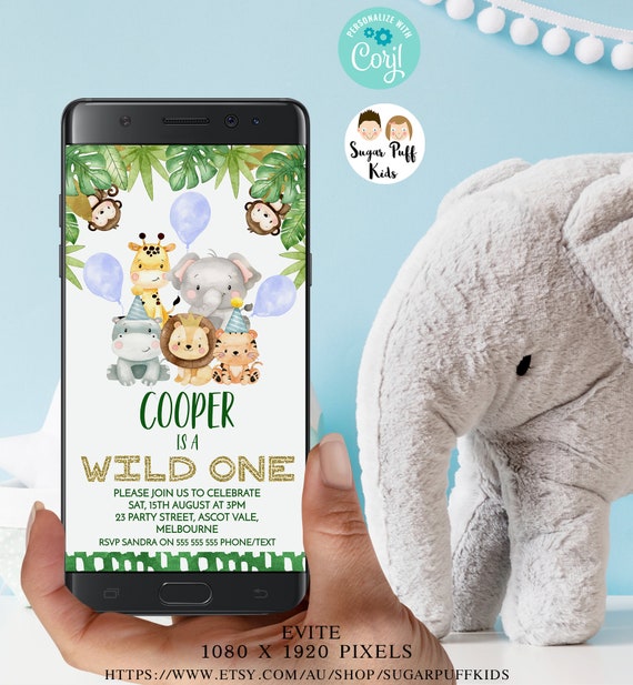 Editable Evite Safari Wild One Invitation, Instant Download Boys Phone Text Safari Birthday Invitation, Safari Animals Wild One Invite, Il_570xn