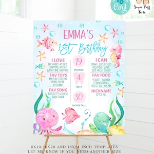 Editable under the sea milestone poster, Printable Sea Creatures Birthday Milestone Poster, Any Age, Instant Sea Critters Milestone Board