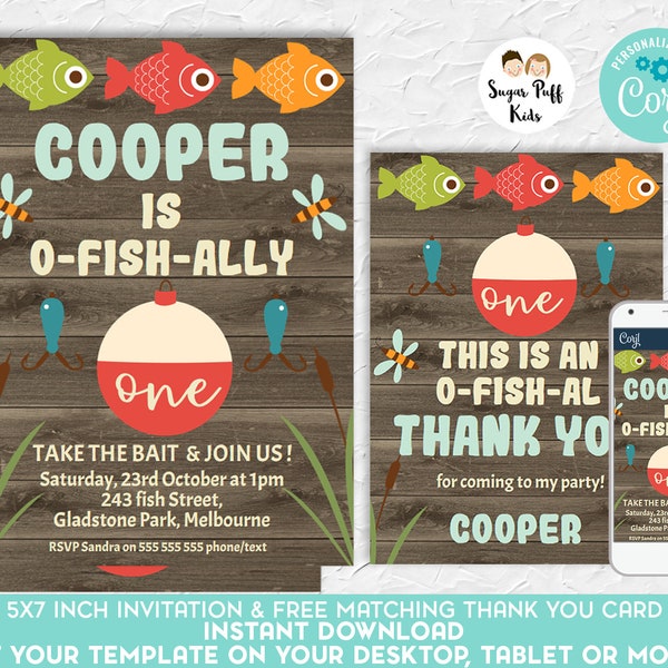 O-Fish-ally one invited birthday Invitation, Editable Birthday o-fish-ally one invite,Ofishally one invitation,Boys 1st Birthday Invite,A111