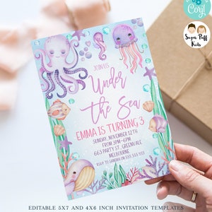 Invitación de cumpleaños editable bajo el mar, invitación de acuarela imprimible para niñas bajo el mar, plantilla de invitación al mar de pulpo de descarga instantánea OCT1