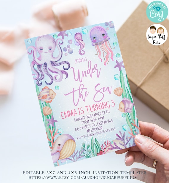 Editable Under The Sea Birthday Invite, Printable Girls Watercolor Under the Sea Invite, Instant Download Octopus Sea Invite Template OCT1 Il_570xn