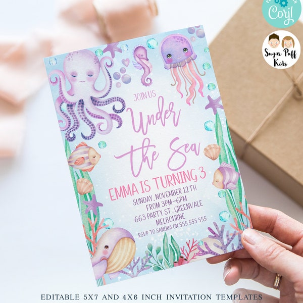 Invitación de cumpleaños editable bajo el mar, invitación de acuarela imprimible para niñas bajo el mar, plantilla de invitación al mar de pulpo de descarga instantánea OCT1