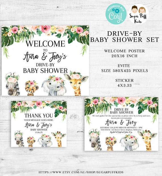 Printable Safari DriveBy Baby Shower Poster, Editable Safari