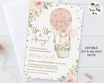 Printable Up Up And Away Baby Shower Invite, Editable Girls Hot Air Balloon Baby Shower Invitation, Instant Download Pink Hot Air Balloon
