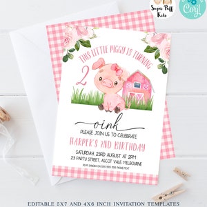 Printable Pink Floral Little Piggy Birthday Invitation, Editable Piggy Themed Invitation, Instant Download Girls Pink Plaid Pig Invite,