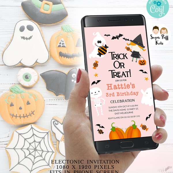 Editable Evite Pink Orange Halloween Trick Treat Invitation, Girls Halloween Birthday Text Invite, Instant Download Phone Evite Halloween