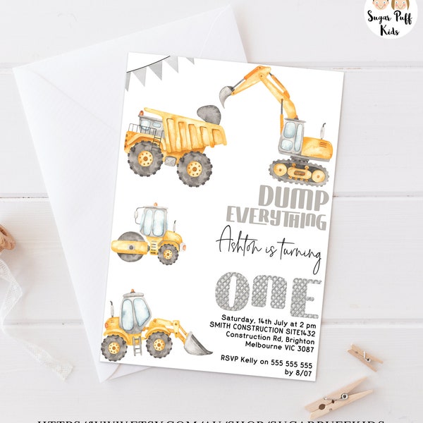 Editable Dump Everything 1st Birthday Invite, Printable Construction Themed First Birthday Invitation,Instant Download Dump Truck Invite