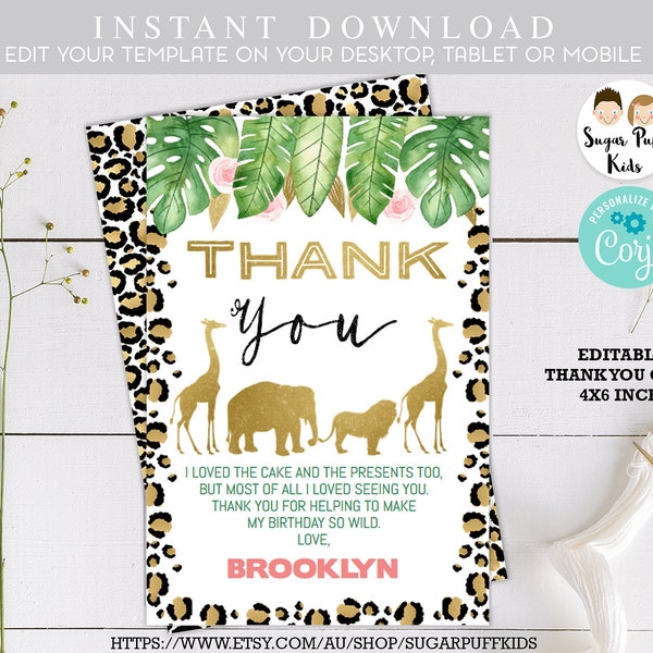 Safari Thank You Cards, Digital Download Flat 4x6 Card, Girl Safari...