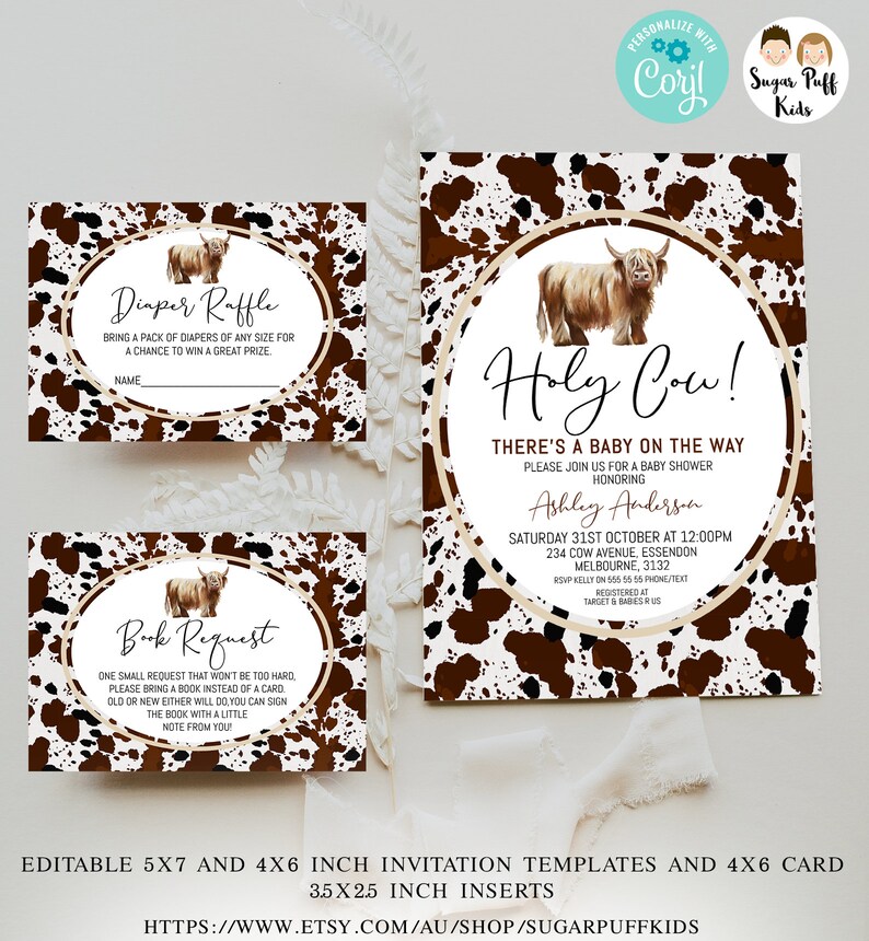 Printable Highland Cow Baby Baby Shower Invite Editable Holy Cow Baby Shower Invitation Instant Download Brown Cow Cow Print