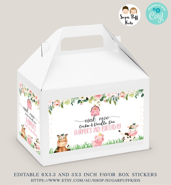 Printable Pink Floral Farm Favor Box Label, Instant Farmyard Animals Birthday Favor Box Label, Editable pink barn birthday gable box label Il_570xn