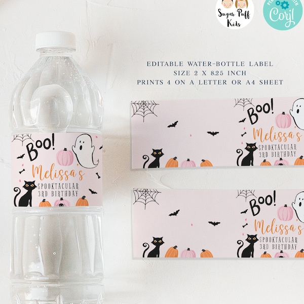 Editable pink Halloween water bottle wrappers, Instant download little boo Halloween birthday water bottle labels, Printable Halloween label