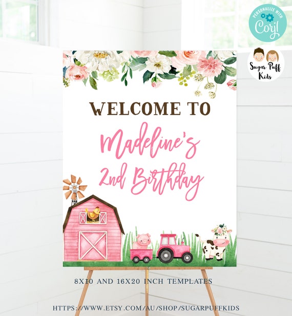 Printable Pink Farm Welcome Sign, Instant Farmyard Party Welcome Sign, Pink Barnyard, Editable Farm Welcome Poster, Farm Animal, Farmyard F2 Il_570xn
