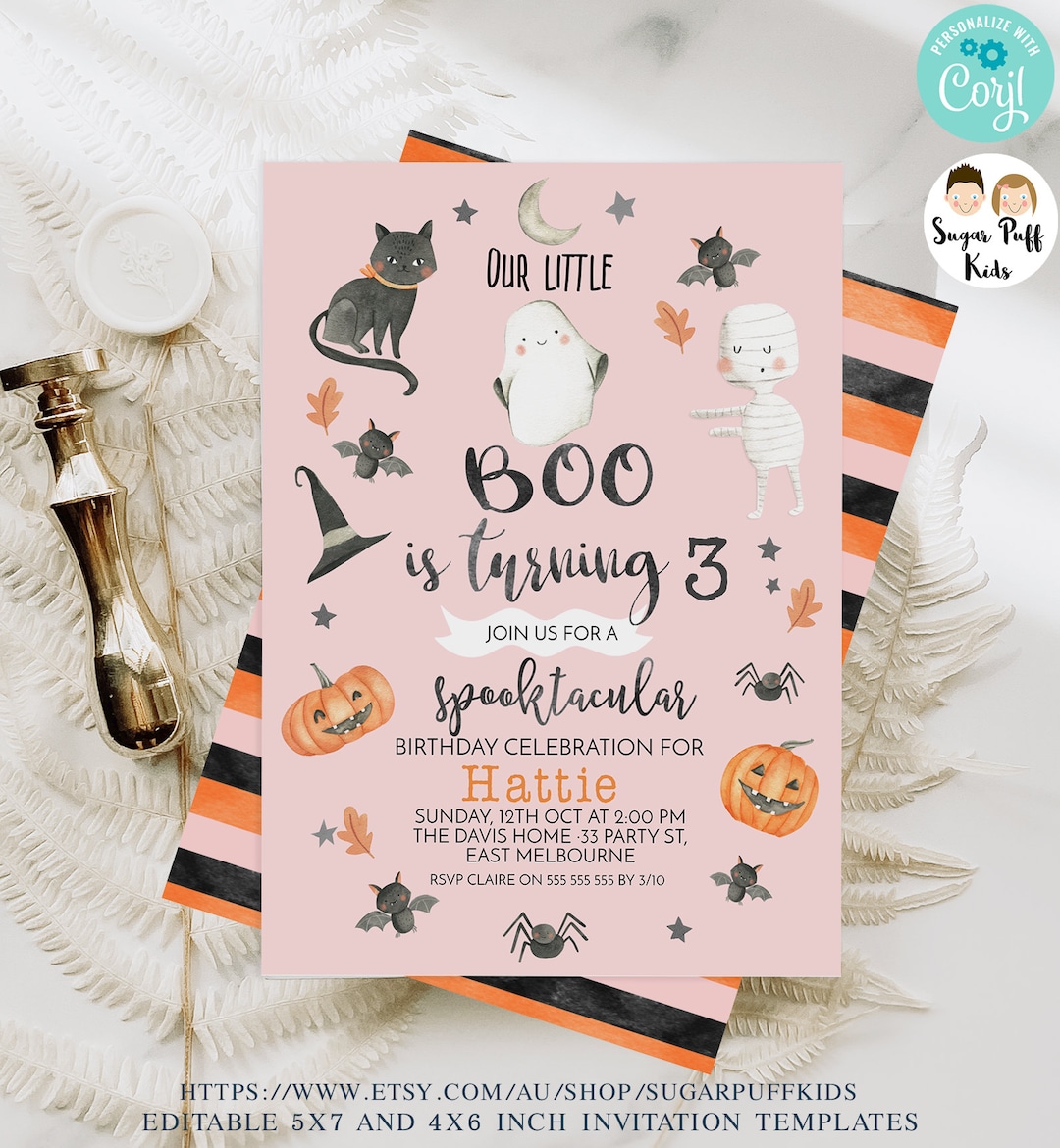 Printable Pink Halloween Birthday Invitation, Editable Boo Halloween