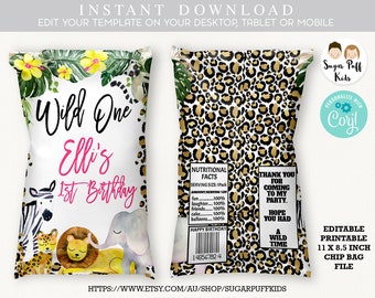 Girls Safari Chip Bag Printable, Safari Chip Bag with leopard skin , Jungle Safari Wild chip bag, Safari Chip bag, Leopard Cheetah Skin