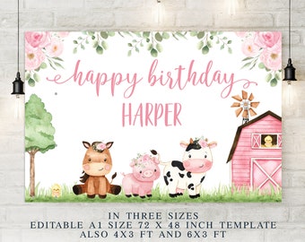 Fondo editable de feliz cumpleaños de la granja rosa, banner de cumpleaños temático de la granja imprimible, banner de granja floral de descarga instantánea para niñas, granero rosa