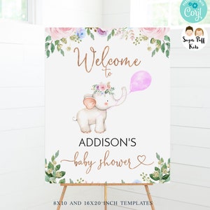Printable Girls Elephant Pink Balloon Baby Shower Welcome Sign ...
