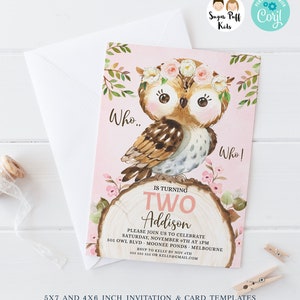 Afdrukbare Woodland Owl verjaardagsuitnodiging, bewerkbare Who Owl verjaardagsuitnodiging, Instant Download Owl thema verjaardagsuitnodiging, Uil uitnodiging