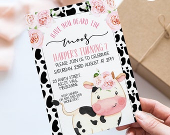 Printable Pink Floral Have You Heard The Moos Cow Birthday Invite, Editable Cow Print invitation, Instant Download Girls Cow Invite, C1