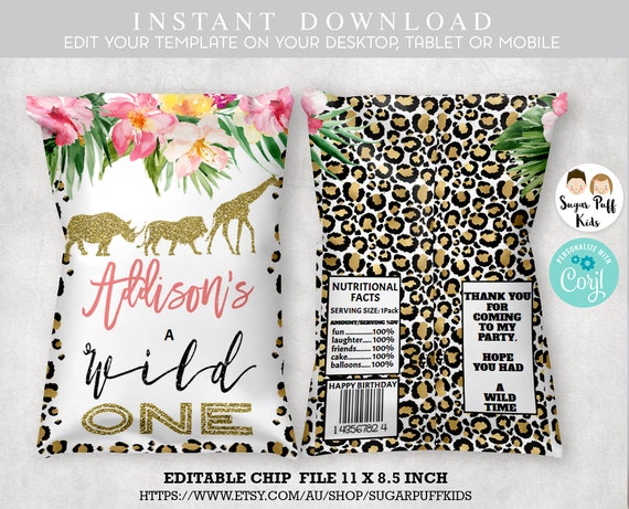 Jungle Safari Wild One Birthday Chip Bag Digital File DIY