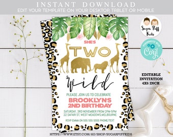 Two wild birthday invitation, Editable She's Two Wild Invitations,Girls Safari Two Wild Birthday Invitation,Two Wild Birthday invitation,