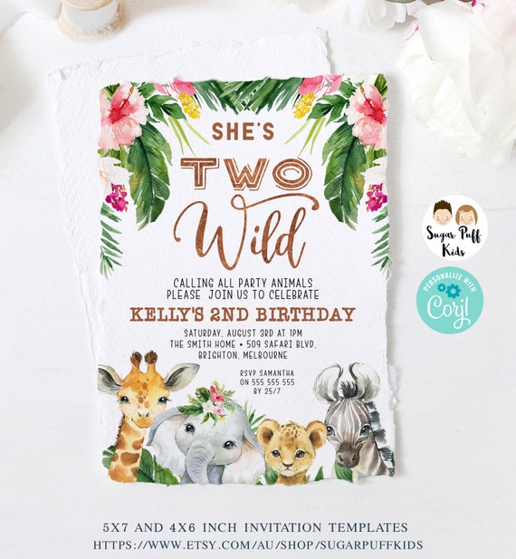 Editable safari two wild invitation, Instant download girls safari two