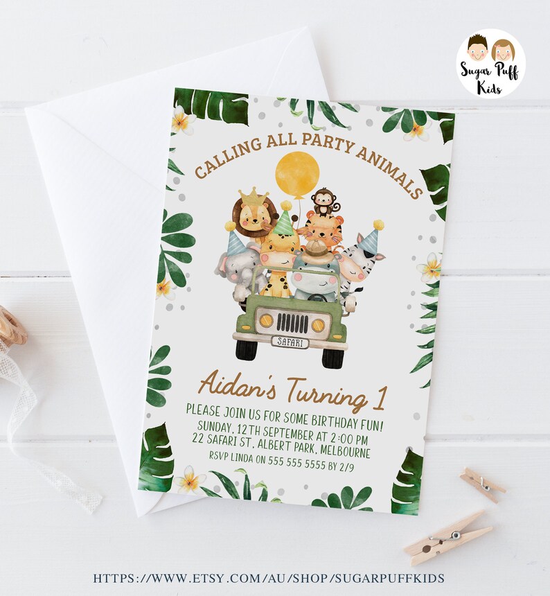 Printable Safari Animals and Jeep Birthday Invite Editable Jungle Themed Birthday Invitation Instant Download Foliage Safari