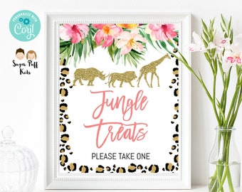 Printable Safari Gold Animals Party Sign - INSTANT DOWNLOAD, Editable Floral Safari Party Sign, Printable Cheetah Print Jungle Animals Sign